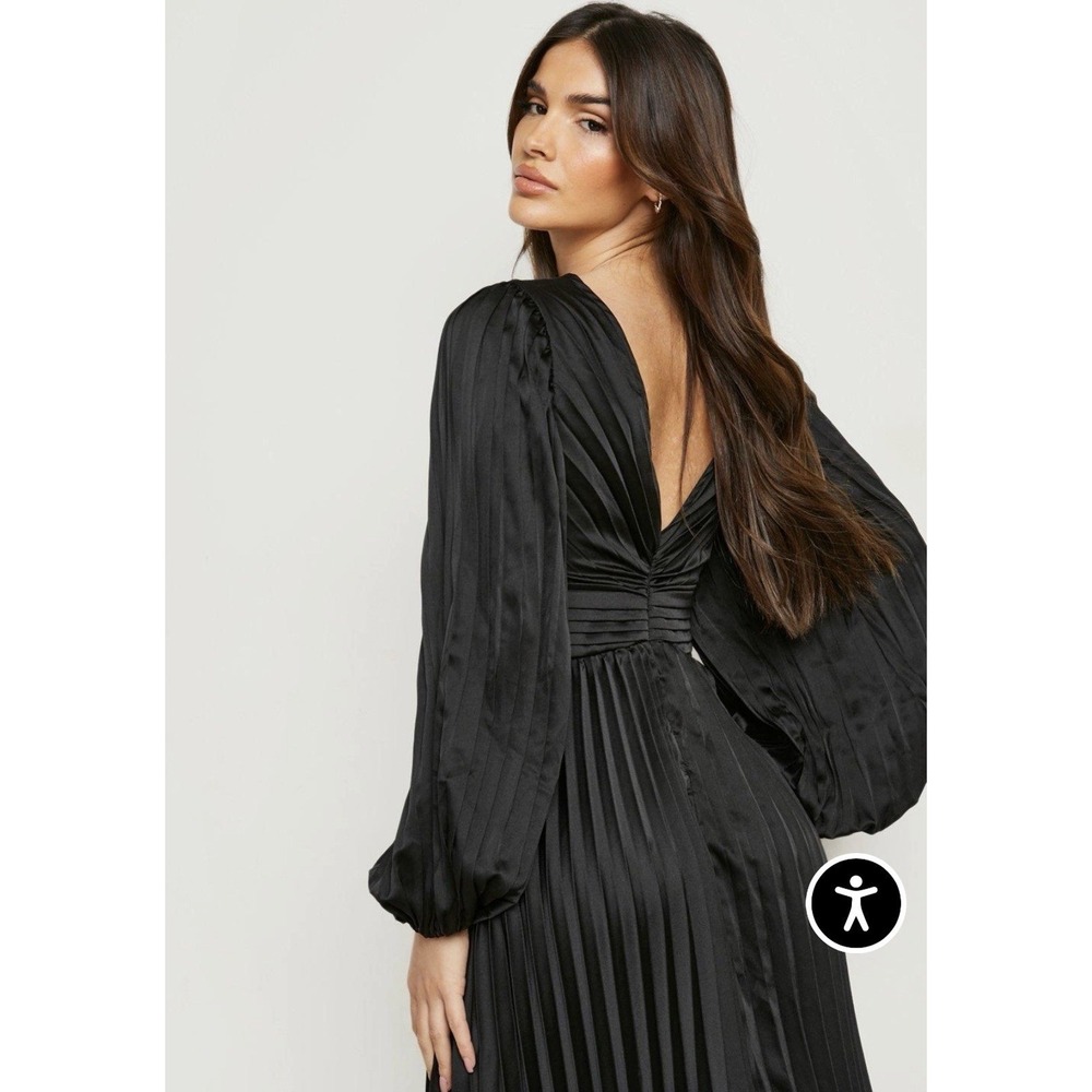 Boohoo Occasion Women's Satin Pleated Plunge Dress Midaxi Black Wedding - Picture 3 of 16